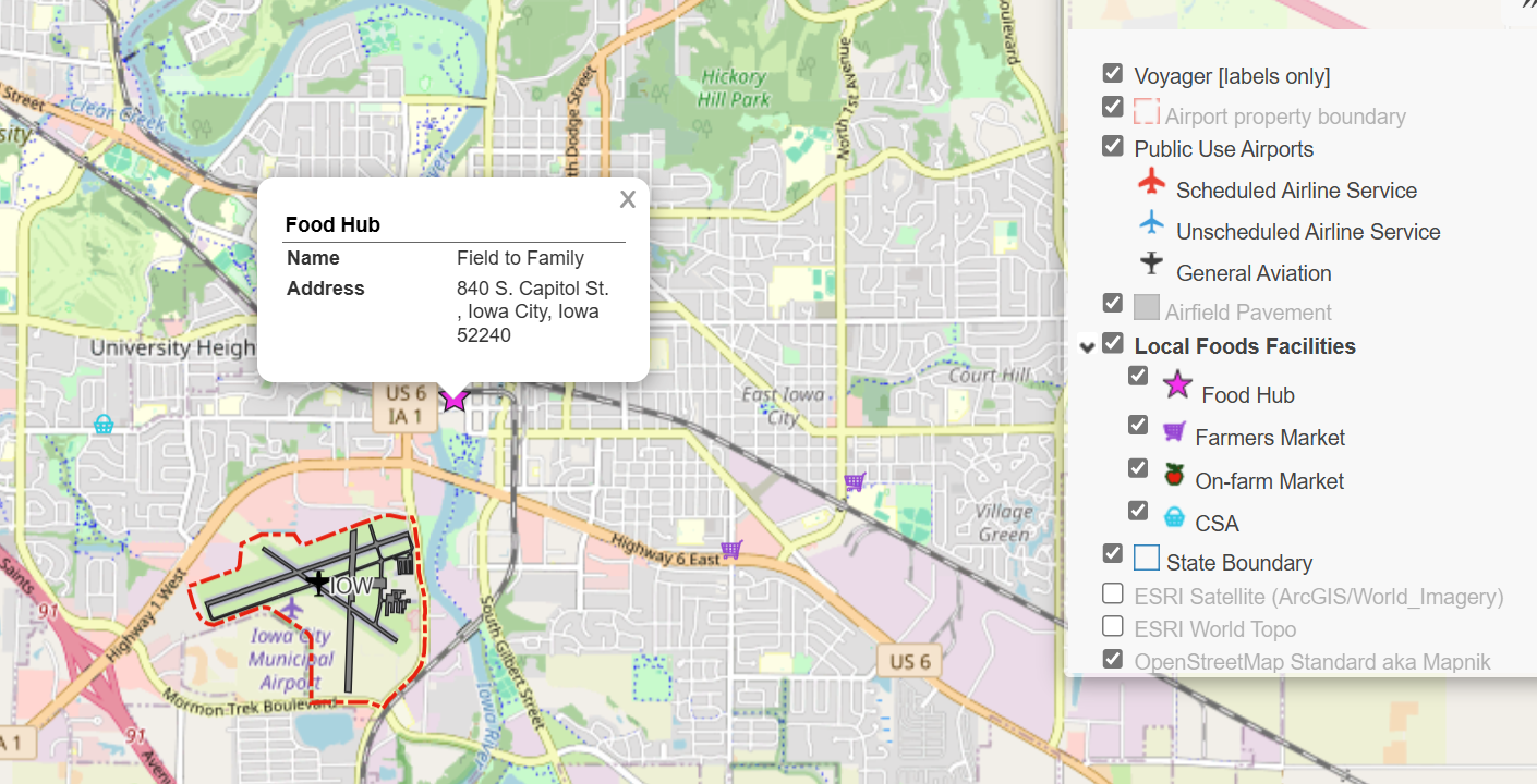 A map showing the location of a food hub in relation to a local airport in Iowa.